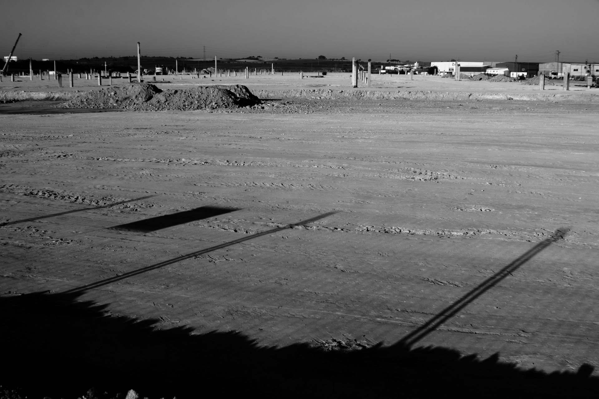 Barren field with long shadows under a clear sky